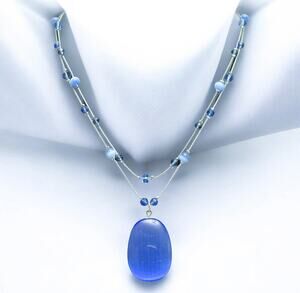 Vintage Blue Czech Glass Pendant, Cat's Eye Bead Swarovski Double Chain Necklace